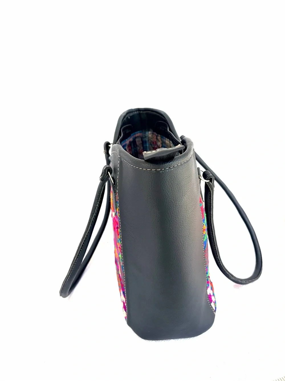 Handcrafted Gautemalan Huipil Leather Tote w Vibrant Pink, Multicolor Embroidery